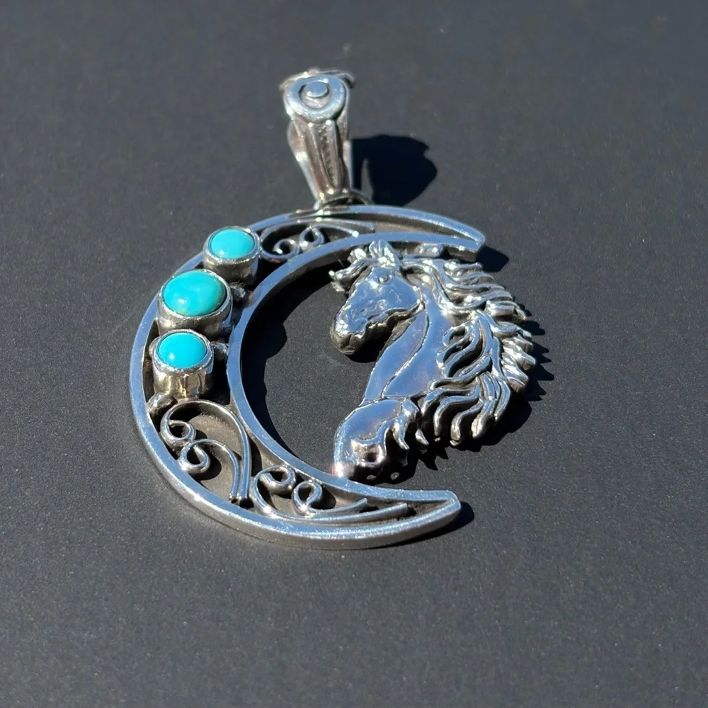 Jennifer Cayaditto Signed Sterling Silver Triple Turquoise Moon & Horse Pendant